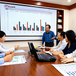 ** A dynamic financial meeting in Vietnam. Show diverse individuals around a table, some pointing at charts displaying revenue and profit growth. Emphasize a collaborative atmosphere with modern office setting; perhaps include a whiteboard with "Doanh Thu" (Revenue) and "Lợi Nhuận" (Profit) written on it.

**