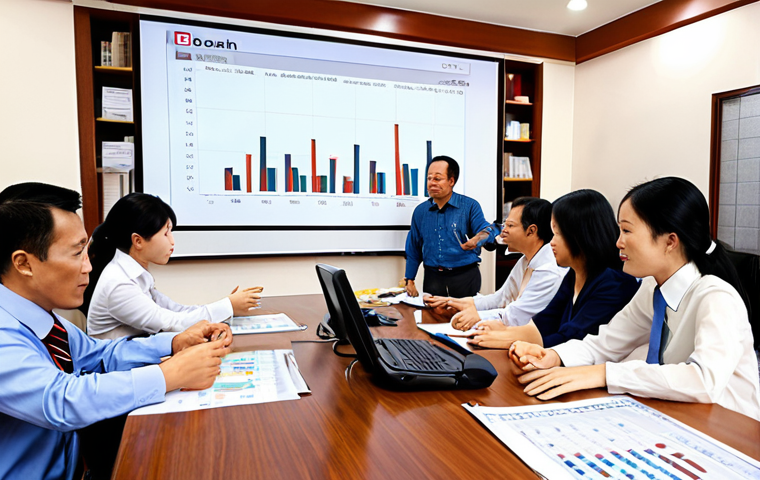 ** A dynamic financial meeting in Vietnam. Show diverse individuals around a table, some pointing at charts displaying revenue and profit growth. Emphasize a collaborative atmosphere with modern office setting; perhaps include a whiteboard with "Doanh Thu" (Revenue) and "Lợi Nhuận" (Profit) written on it.

**