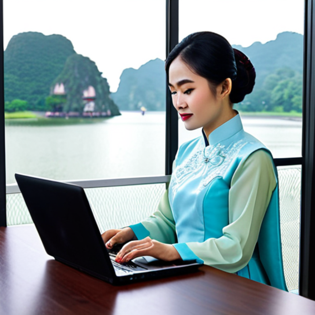 **
A professional Vietnamese businesswoman in a modest Ao Dai (traditional Vietnamese dress), working on a laptop at a modern office desk with Hoan Kiem Lake visible through the window, fully clothed, appropriate attire, safe for work, perfect anatomy, natural proportions, professional photography, high quality, professional.
**