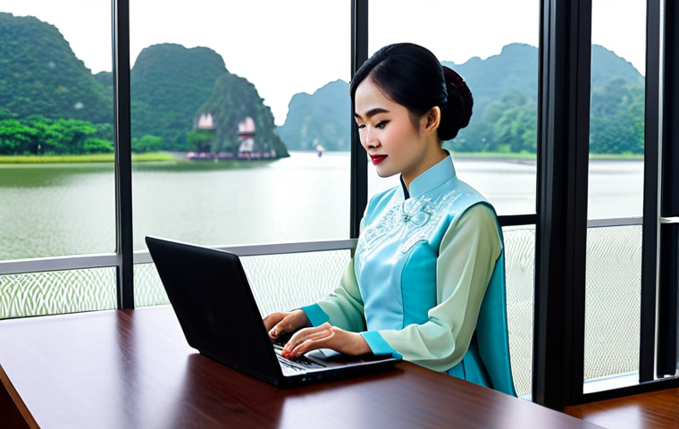 **
A professional Vietnamese businesswoman in a modest Ao Dai (traditional Vietnamese dress), working on a laptop at a modern office desk with Hoan Kiem Lake visible through the window, fully clothed, appropriate attire, safe for work, perfect anatomy, natural proportions, professional photography, high quality, professional.
**