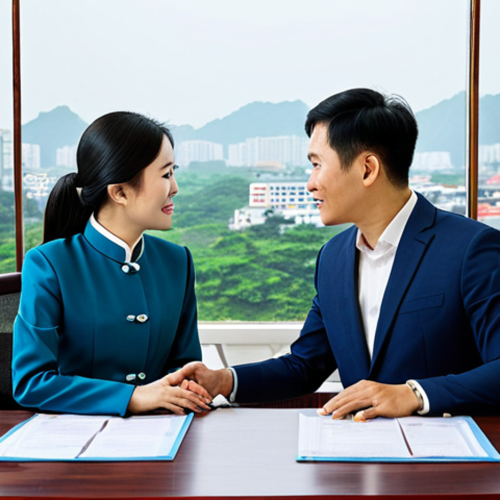 Joint Venture Negotiation**
Two Vietnamese business partners, a man and a woman, in a modern Hanoi office, discussing a contract at a large conference table. Both are fully clothed in professional, modest business attire (ao dai for the woman, suit for the man), appropriate content, safe for work. The background includes a panoramic view of the city. Perfect anatomy, correct proportions, natural pose, professional photography, high quality.
**