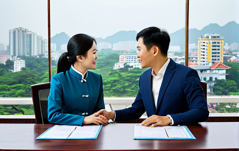 Joint Venture Negotiation**
Two Vietnamese business partners, a man and a woman, in a modern Hanoi office, discussing a contract at a large conference table. Both are fully clothed in professional, modest business attire (ao dai for the woman, suit for the man), appropriate content, safe for work. The background includes a panoramic view of the city. Perfect anatomy, correct proportions, natural pose, professional photography, high quality.
**