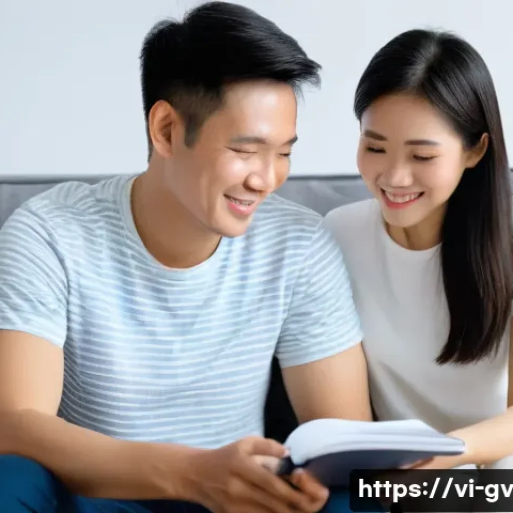 파트너 간 재무 조율의 미래 방향성 - **Prompt:** A young Vietnamese couple (late 20s to early 30s) seated comfortably on a plush sofa in ...