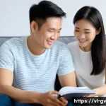 Home 22 파트너 간 재무 조율의 미래 방향성 - **Prompt:** A young Vietnamese couple (late 20s to early 30s) seated comfortably on a plush sofa in ...