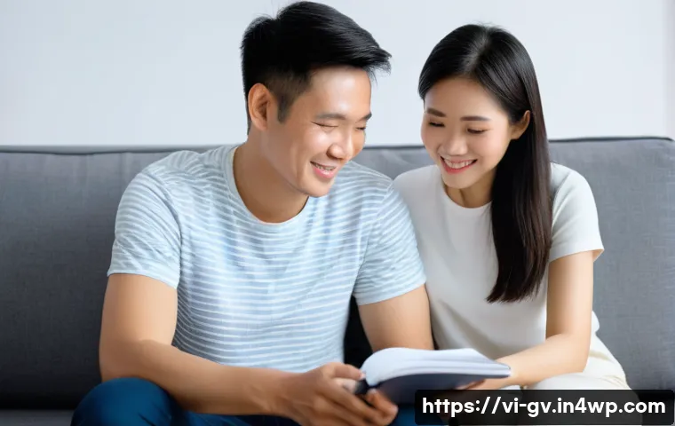 파트너 간 재무 조율의 미래 방향성 - **Prompt:** A young Vietnamese couple (late 20s to early 30s) seated comfortably on a plush sofa in ...