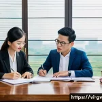 Home 21 비즈니스 파트너와의 재무 조율을 위한 준비물 - A professional Vietnamese business meeting scene with two partners discussing financial charts and d...