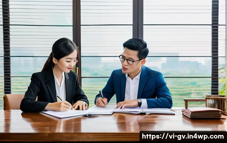 비즈니스 파트너와의 재무 조율을 위한 준비물 - A professional Vietnamese business meeting scene with two partners discussing financial charts and d...