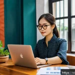 Home 19 재무 조율의 성공을 위한 동기 부여 전략 - A detailed, realistic scene of a Vietnamese young professional woman sitting at a wooden desk in a c...