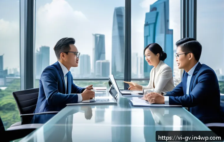 파트너 간 재무 조율을 위한 다각적 접근 방법 - A professional business meeting scene in a modern Vietnamese office, featuring diverse business part...