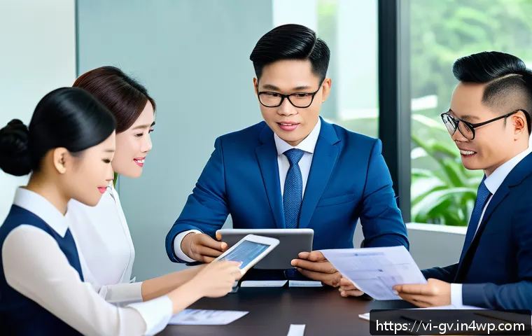 파트너 간 재무 조율에서의 품질 관리 기준 - A modern Vietnamese office setting with diverse professionals engaged in a financial partnership mee...