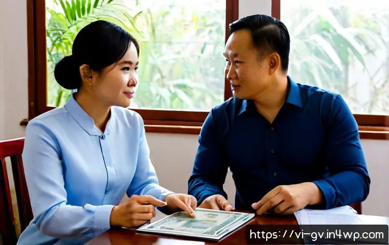 Home 17 파트너 간 재무 조율을 위한 외부 자문 활용하기 - Photorealistic Vietnamese couple in their late 30s sitting side by side at a tidy apartment dining t...