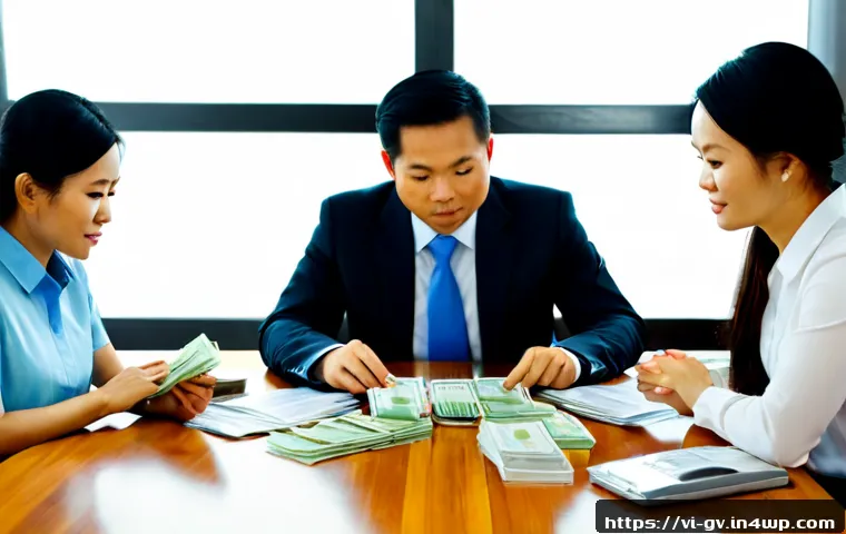 Home 17 재무 조율에서의 갈등 예방 전략 - Photorealistic Vietnamese financial planning meeting in a bright modern office, three Vietnamese col...